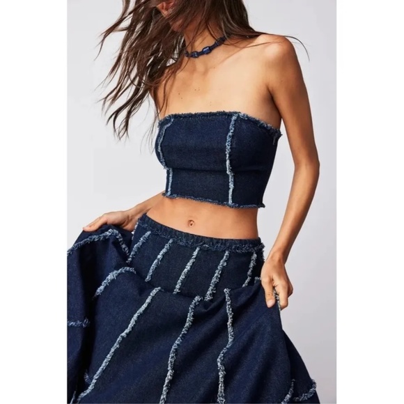 FREE PEOPLE FP One Safia Denim Maxi Skirt Crop Top Set Size 10 NWT $350 - Picture 2 of 3